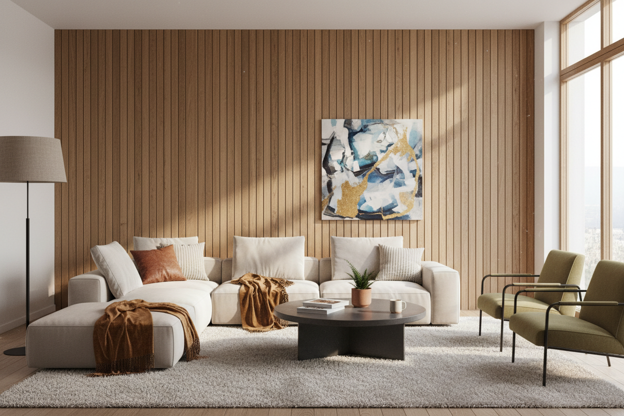 wood panels on wall, living room